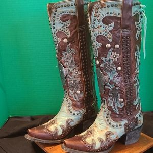 Double D Ranch Ladies Turquoise Silver Conchos Cowboy Western Boots 6M